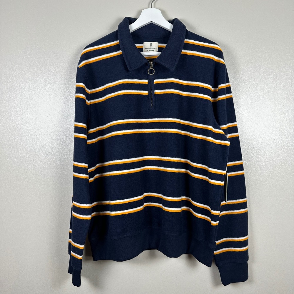 Mutual Weave Mens L Pullover Navy Stripe Quarter Zip Fleece Sweater‎ T78